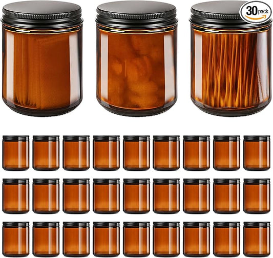 8oz Amber Glass Jars with Lids (30 Pack) - Empty Candle Jars for making candles,Cosmetic Jar,Amber Cntainers with Lids for Lotions,Creams,Spices