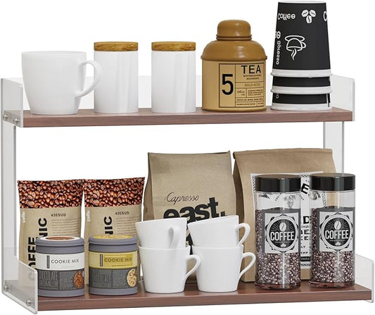 Mug Holder Countertop Coffee Station Organizer, 2 Tier Acrylic Shelf for Coffee Bar Accessories, Multi-Functional Counter Standing Shelf Tea Bags Sugar Condiment Storage Caddy for Kitchen Home Office