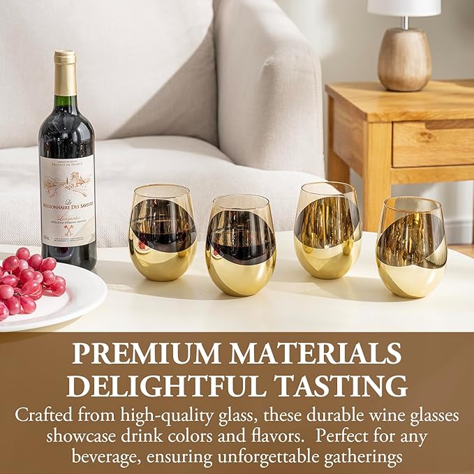 MyGift 18 oz Mid Century Smoked Brown Stemless Wine Glasses with Angled Brass Accents, Translucent Vintage Amber Glass Cocktail Beverage Drinking Cups, Set of 4