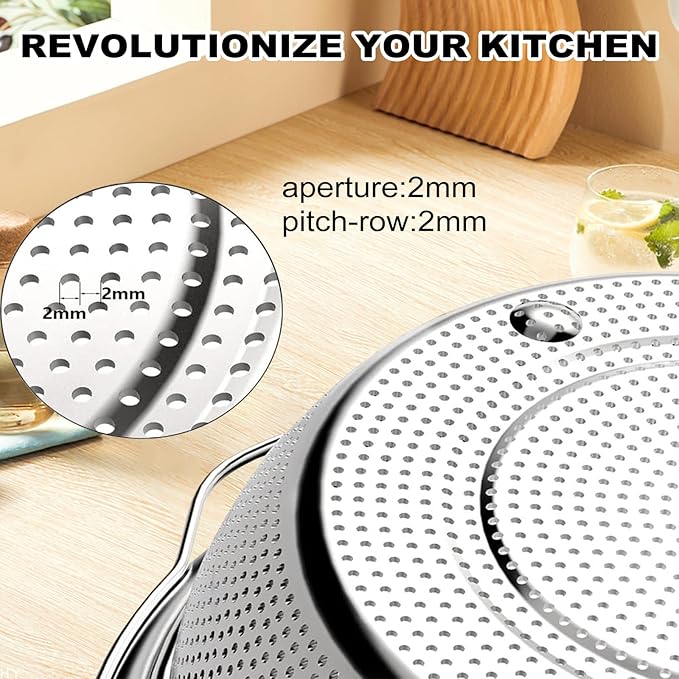 Stainless Steel Microporous Colander for Kitchen, 4QT Large Capacity, Colander and Bowl Set of Two, Stainless Steel Drain Basket with Mixing Bowl, for Washing Fruits and Vegetables