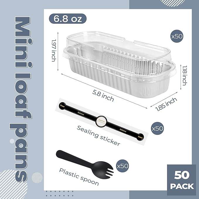 Mini loaf pans with lids Rectangle Aluminum Foil Cake Tins Baking Pans for Wedding Birthday Party 6.8oz(Silver, 50Pack)