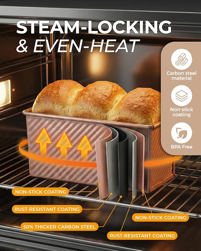 CARTMAN Bread Loaf Pan 2 Pack, 9x4 Pullman Loaf Pan with lid and a Silicone Spatula and Basting Pastry Brush, 1 lb Dough Capacity,Non-Stick Carbon Steel bread pans for homemade bread Champagne Gold