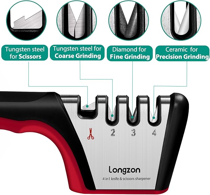 Longzon 4-in-1 Knife Sharpener [4 Stage] with a Pair of Cut-Resistant Glove, Original Premium Polish Blades, Best Kitchen Knife Sharpener Really Works for Fruit and Steel Knives, Scissors-Black+Red