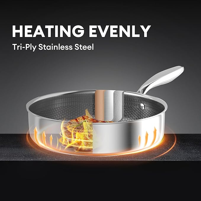 COOKER KING 3.6-Quart Hybrid Stainless Steel Sauté Pan with Lid, 11" Tri-Ply Clad Deep Frying Pan, Nonstick & Non-Toxic Skillet, All Stovetop & Induction Compatible, Oven & Dishwasher Safe