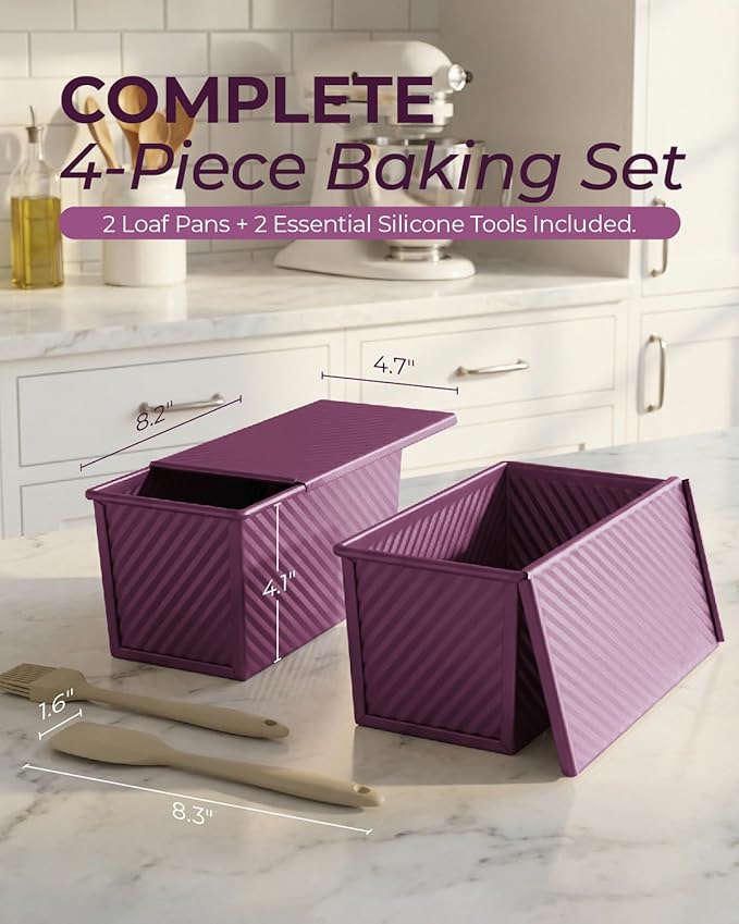 CARTMAN Bread Loaf Pan 2 Pack, 9x4 Pullman Loaf Pan with lid and a Silicone Spatula and Basting Pastry Brush, 1 lb Dough Capacity,Non-Stick Carbon Steel bread pans for homemade bread Plum Purple