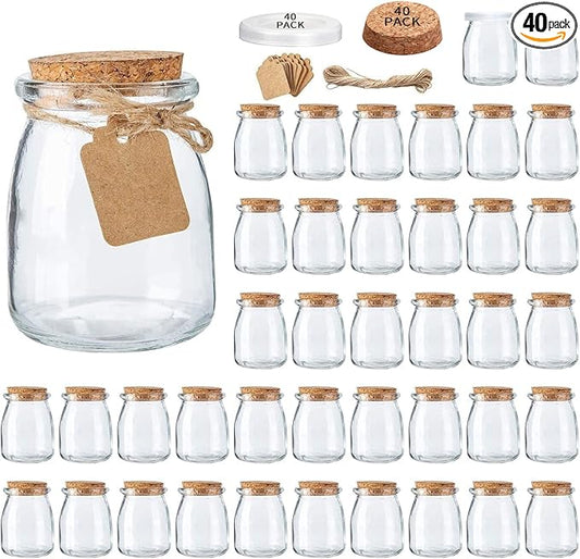 Brajttt Glass Mini Yogurt Jars 40 Pack, 7 oz Favor Jars With Cork Lids, Pudding Containers, Mason Wedding Favors Honey Pot With Label Tags and String