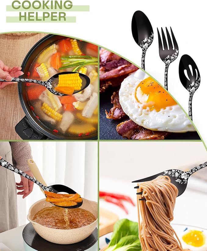 Stapava Serving Utensils Set Black, 5-Piece Large Hostess Set, Stainless Steel Flatware Serving Set, Ideal for Buffet Catering Party, Mirror Polished, Dishwasher Safe
