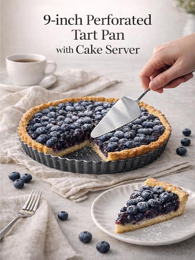 9 Inch Perforated Tart Pan for Crispy Crust w/Cake Server. Removable Bottom, Non-Stick Coating, Rugged Carbon Steel for Tart Quiche Pie Baking. Gift for Christmas Thanksgiving Party