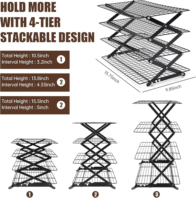 4-Tier Collapsible Cooling Rack – 16" x 10" Adjustable Stackable Non-Stick Wire Rack for Baking, Roasting, Cookies, Cakes, Drying, Picnic & BBQ, Each Tier Holds 22 Lbs