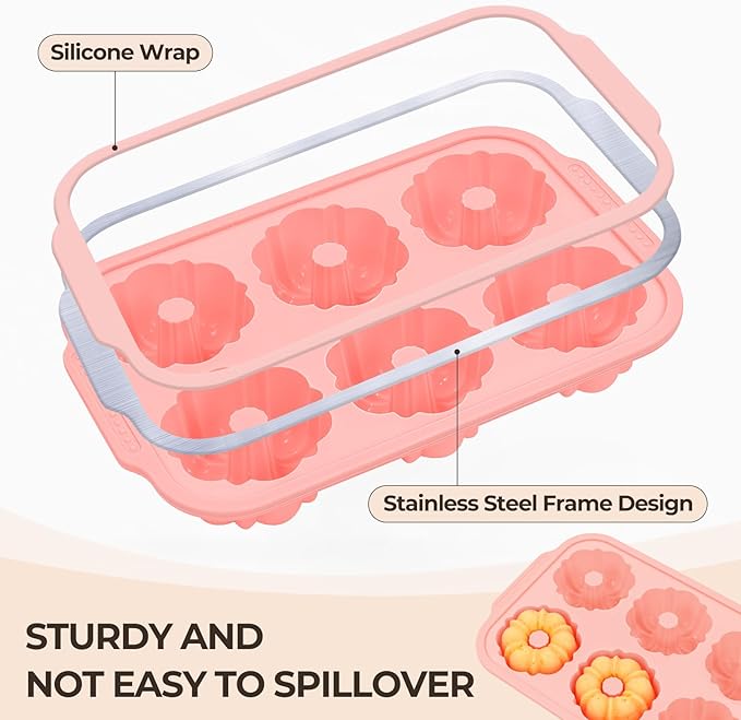 FUNBAKY Mini Fluted Tube Cake Pans for Baking with Metal Reinforced Frame, 2Pcs Silicone 6-Cavity Mini Flan Molds, Nonstick Baking Mold for Cupcake, Brownie, Donuts, Cornbread, Jello