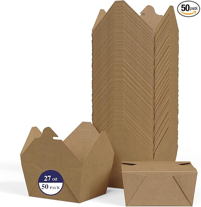 LITOPAK 50 Pack 27 oz Take Out Food Containers, Kraft Brown Take Out Boxes Leak Grease Resistant and Stackable for Restaurants, Homes, Offices, Picnics