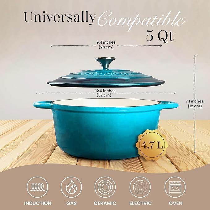 Cast Iron Pot with Lid – Non-Stick Ovenproof Enamelled Casserole Pot, Oven Safe up to 500° F – Sturdy Dutch Oven Cookware – Blue, 5-Quart, 24cm – by Nuovva
