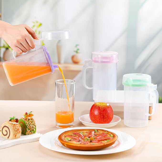 6 Pack Early Learning Kids Easy Pouring Mini Pitchers Clear Plastic Pitcher with Lid and Handle Easy Pour Bottles 16 Oz. Jugs with Lids for Classroom Nursery Home (Pastel)