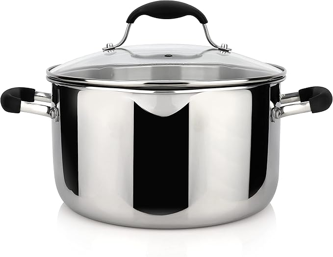 AVACRAFT Tri-Ply Stainless Steel Stockpot with Glass Strainer Lid, Side Spouts, 6 Quart Pot, Multipurpose Stock Pot, Sauce Pot (Tri-Ply Full Body, 6QT)