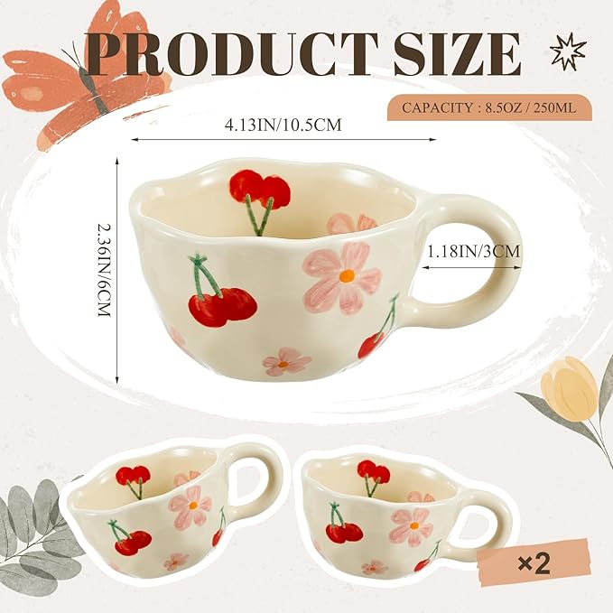 Vesici 2 Pcs Ceramic Coffee Mugs with Spoon, Vintage Floral Spring Mugs with Handle, 8.5 oz Aesthetic Flower Porcelain Tea Cup Set, Dishwasher & Microwave Safe for Home Office Gift(Cherry)