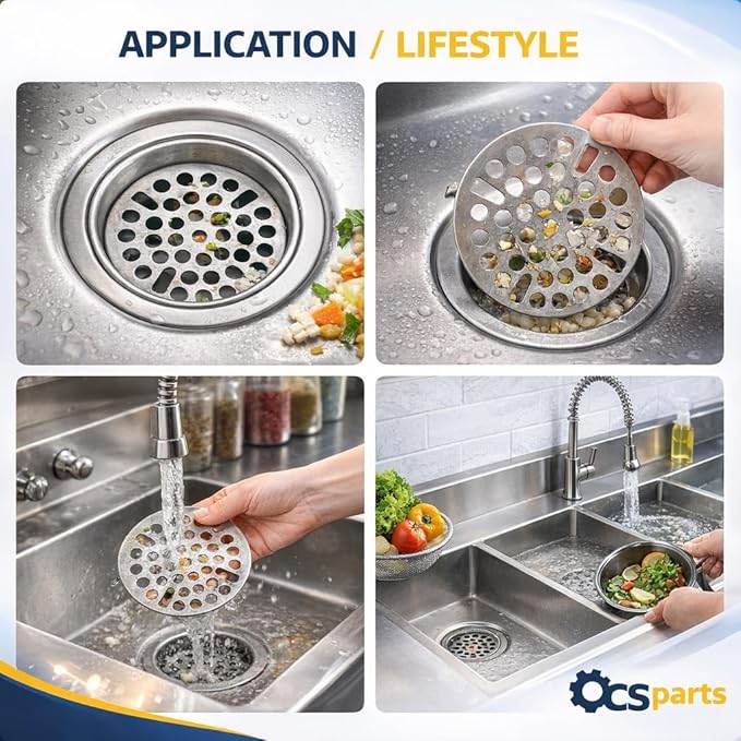 OCS Parts Set of 3 Commercial Kitchen Sink Flat Strainers | Universal Fit 3-Inch Stainless Steel Strainer | Fits Most 3 Tier Compartment Sinks (3-Pack)