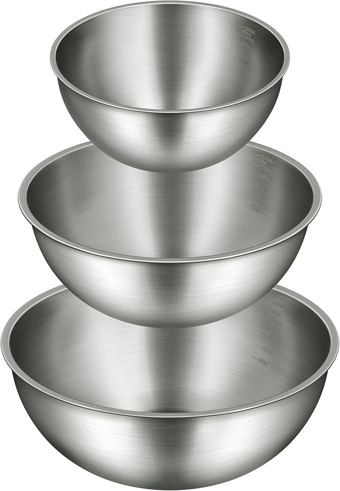 3-Piece Stainless Steel Mixing Bowls Set, 1.45, 2.22 & 3.38 Qt with Measurement Marks, Food Grade 304, Dishwasher Safe & Stackable for Baking, Tossing Salads, and Meal Prep for Your Kitchen