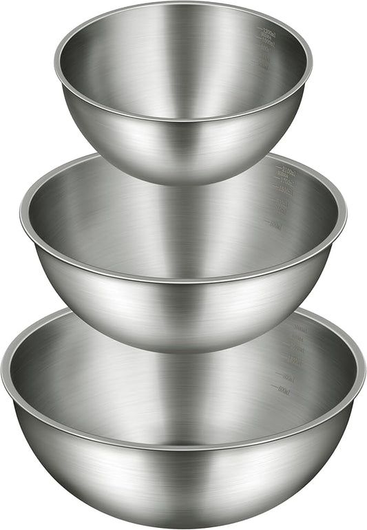 3-Piece Stainless Steel Mixing Bowls Set, 1.45, 2.22 & 3.38 Qt with Measurement Marks, Food Grade 304, Dishwasher Safe & Stackable for Baking, Tossing Salads, and Meal Prep for Your Kitchen