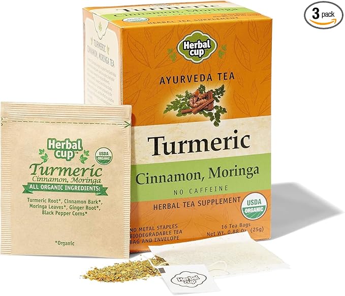Herbal Cup Ayurveda Turmeric Tea, Organic Cinnamon Moringa, No Caffeine Herbal Supplement (16 Count, Pack of 3)