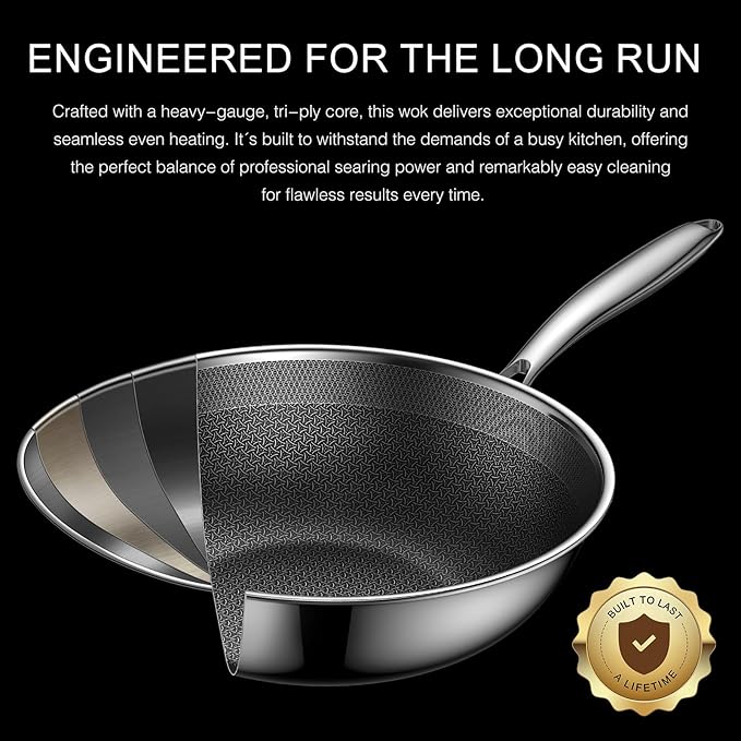 Hybrid Nonstick Wok, 12.5-Inch Stainless Steel Wok with Lid, Laser-Textured Wok Pan, PFOA-Free Woks & Stir-Fry Pans, Oven & Dishwasher safe, Induction Ready, Compatible for Gas Electric Glass Cooktops