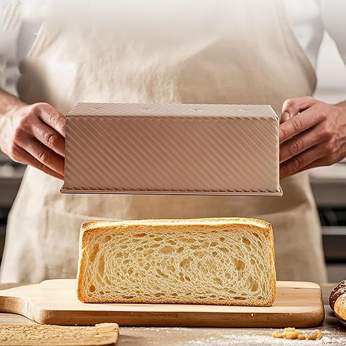 Pullman Loaf Pan with Lid, 2.2 lb Dough Capacity Bakeware for Baking Bread, Carbon Steel Corrugated Bread Toast Mold with Cover