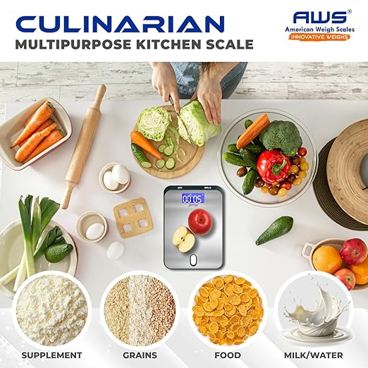 AWS Culinarian Digital Kitchen Cooking Baking Food Scale 22lb x 0.1oz | Stainless Steel with Tare, Touch Buttons, Water-Resistant Surface | Milk/Water mL Mode, Thin Design & Backlit Display