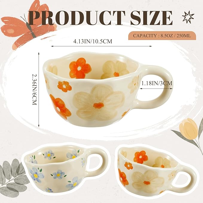 Vesici 2 Pcs Ceramic Coffee Mugs with Spoon, Vintage Floral Spring Mugs with Handle, 8.5 oz Aesthetic Flower Porcelain Tea Cup Set, Dishwasher & Microwave Safe for Home Office Gift(Vivid)