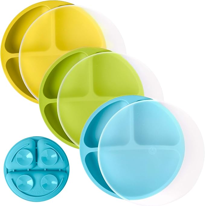 WeeSprout Suction Plates with Lids for Babies & Toddlers - 100% Silicone, Dinnerware Stays Put, Divided Design for Picky Eaters, Microwave & Dishwasher Friendly, 3 Pack