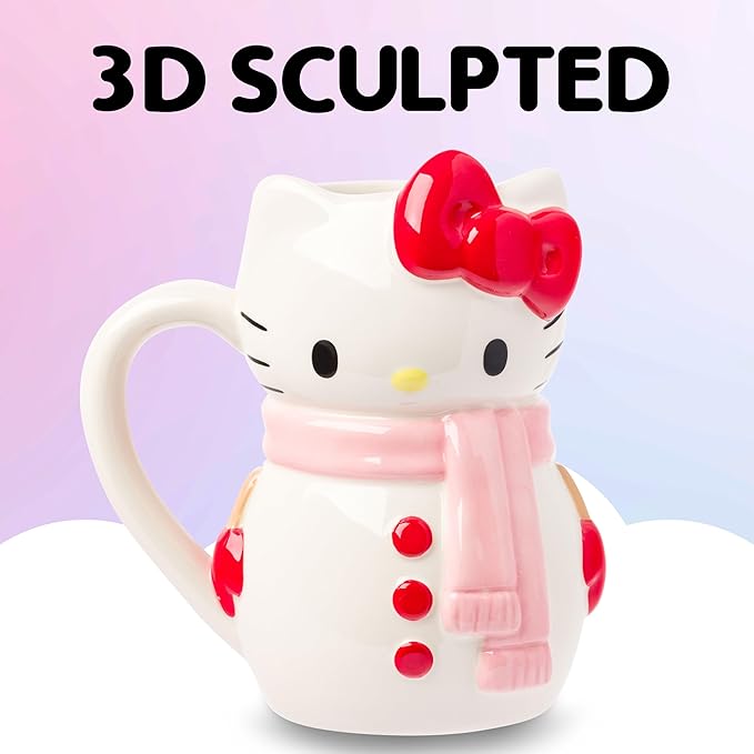 Silver Buffalo Sanrio Hello Kitty Christmas Holiday Snow Man Ceramic 3D Sculpted Mug, 20 Ounces