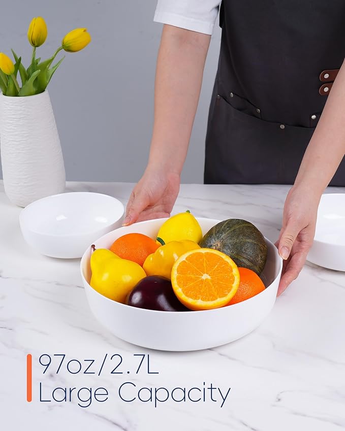10 Inch 90 OZ Opal Glass Serving Bowls Set of 2, Extra Large White Salad Bowls for Kitchen, Microwave & Dishwasher Safe