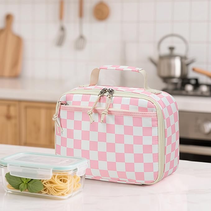 LEDAOU Lunch Box Kids Insulated Lunch Bag Girls Boys Toddler Reusable Lunchbox for School Picnic Hiking (Checkered-Pink)