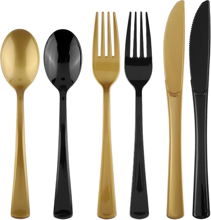 Kochorie 300 Pieces Graduation Black and Gold Plastic Silverware Heavy Duty Plastic Cutlery Set Disposable Flatware Includes Spoons Forks Knifes for Party Supplies