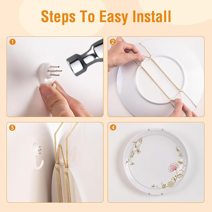 Bilillo 3 Pack Wall Plate Hangers, Suitable for 10-14 inch Art, Stainless Steel Invisible Heavy Duty Wire Plate Holder with Wall Hooks