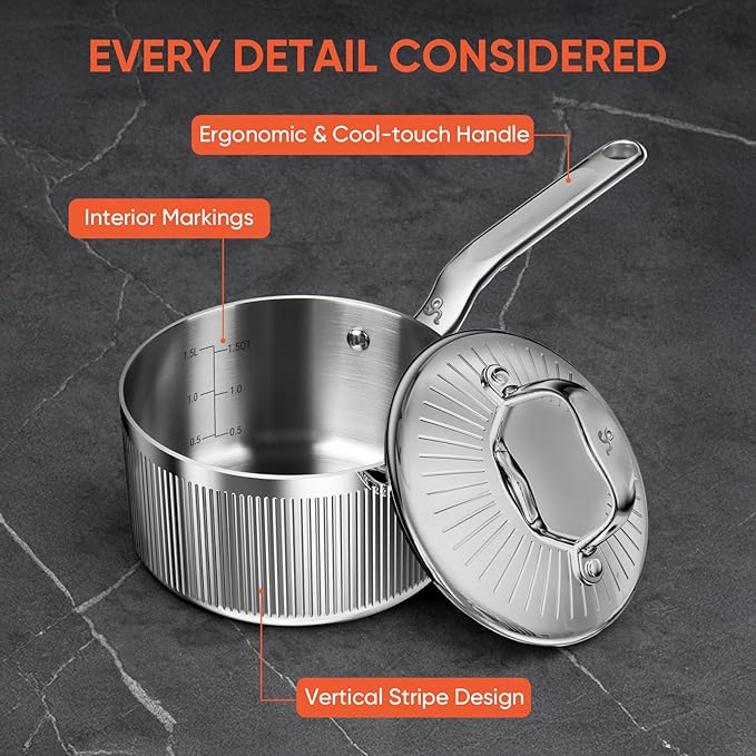 2 Quart Stainless Steel Sauce Pan with Lid, 5-Ply SaucePan Even Heating with Stay-Cool Handle, Professional Cookware for Induction, All Stoves, Oven and Dishwasher Safe