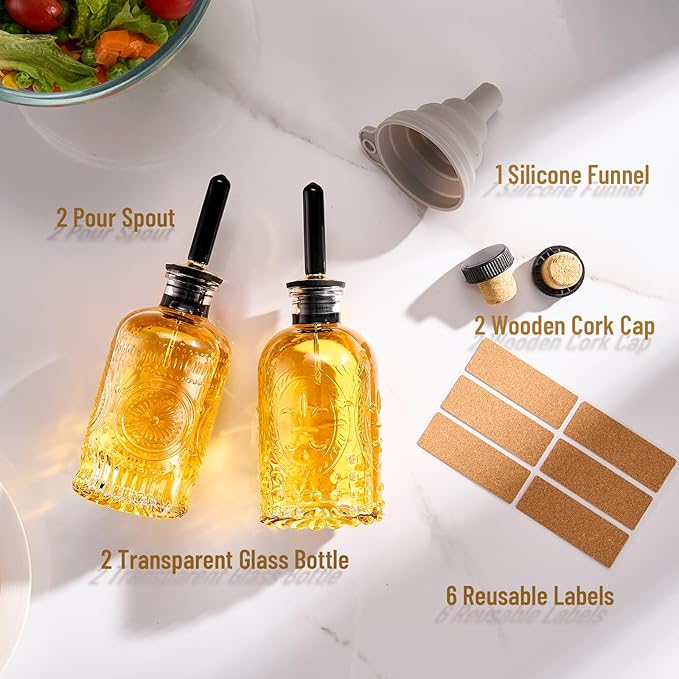 Olive Oil Dispenser Bottle for Kitchen with Metal Spout, Glass Oil Bottles 7OZ, Elegant Glass Cooking Dispenser for Kitchen Juice Mouthwash Honey Syrup Coffee Syrup-2pcs
