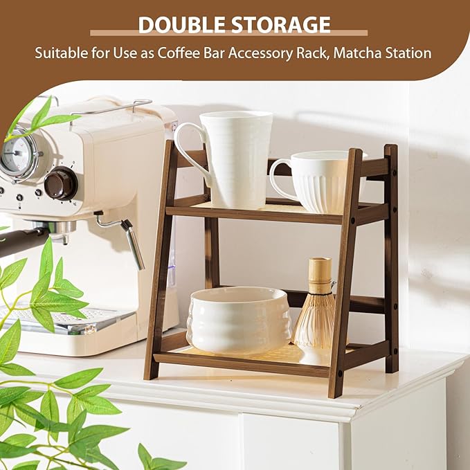 1 Pcs 2 Tier Matcha Station Shelf Bamboo Coffee Mug Stand Countertop Storage Rack, Double Layer Rattan Office Cup, Kitchen, Tea, Plant, Bar Accessories Condiment Display(Brown,10.2 Inch)