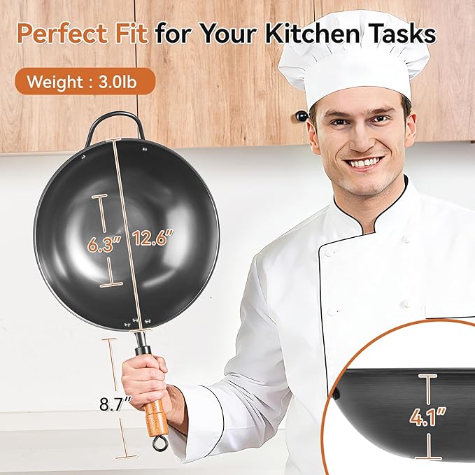 12.6 Inch Carbon Steel Wok with Lid, Flat Bottom Induction Wok Pan, Non-Coated Stir Fry Wok Skillet with Helper Handle, Gas Electric Ceramic Halogen Compatible, Includes Iron Wok Spatula