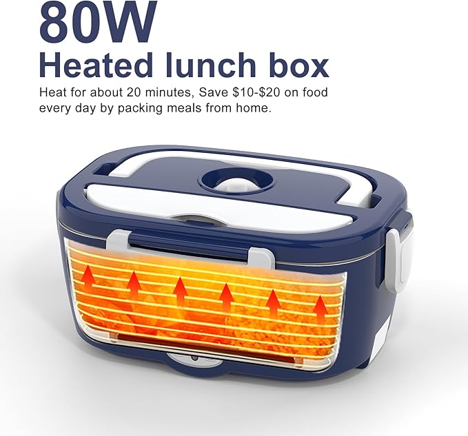 Electric Lunch Box for Men/Women 80W Heated Lunch Box for Adults, 12V 24V 110V 220V Portable Food Warmer LunchBox Lonchera Eléctrica Portátil with 304 Stainless Steel Container Christmas Gift