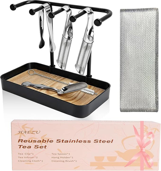 7 Pcs Reusable Stainless Steel Tea Infuser Set for Loose Tea(Complete Set） - 2 Pack Fine Mesh Tea Infuser with Tea Tray(Hook),Serving Tongs, Tea Spoon,Steel Wire Dishcloth,Cleaning Brush