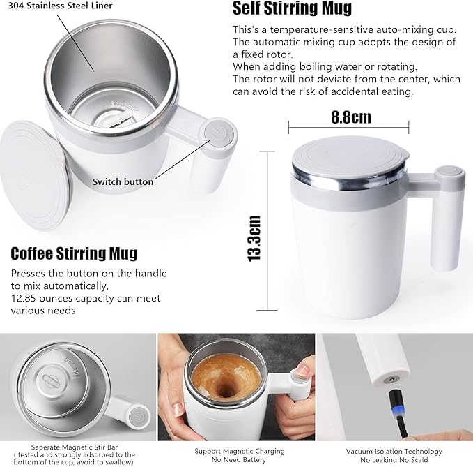 Self Stirring Mug,Rechargeable Auto Magnetic Coffee Mug with 2Pc Stir Bar,Waterproof Automatic Mixing Cup for Milk/Cocoa at Office/Kitchen/Travel 14oz Best Gift - White