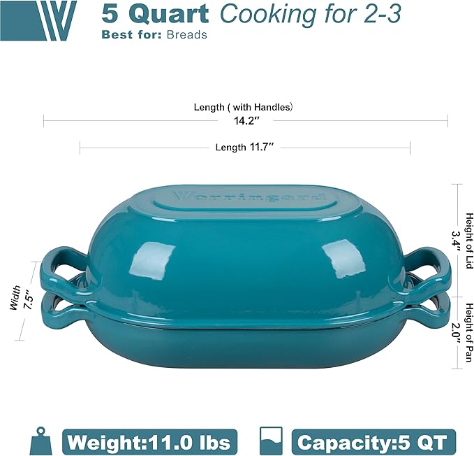 Enameled Cast Iron Sourdough Bread Oven, Dutch Oven, Loaf Cast Iron Bread Pan for Homemade Bread Baking, Meatloaf Pan with Lid, 5QT, Bluegreen