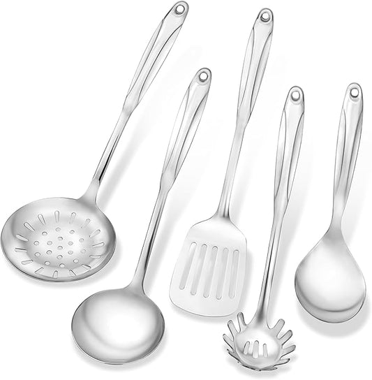 Stainless Steel Cooking Utensils Set, 5-Piece 304 Metal Kitchen Utensil Set (Spatula, Ladle, Slotted Turner, Spaghetti Server, Skimmer) – One-Piece Heavy Duty, Rustproof, Dishwasher Safe