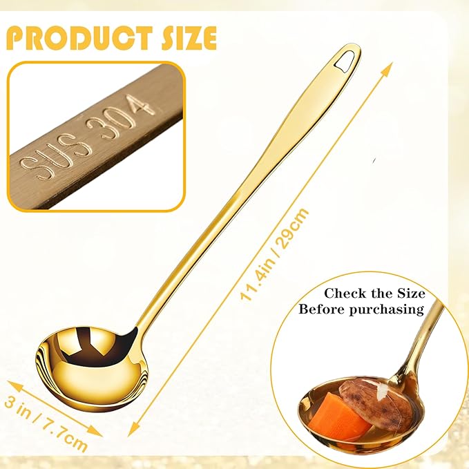 Soup Ladle, 2Pcs Stainless Steel Ladle spoon, 12.2Inch Metal Long Handle Serving Spoon for Cooking Buffet, Party, Kitchen, Gold