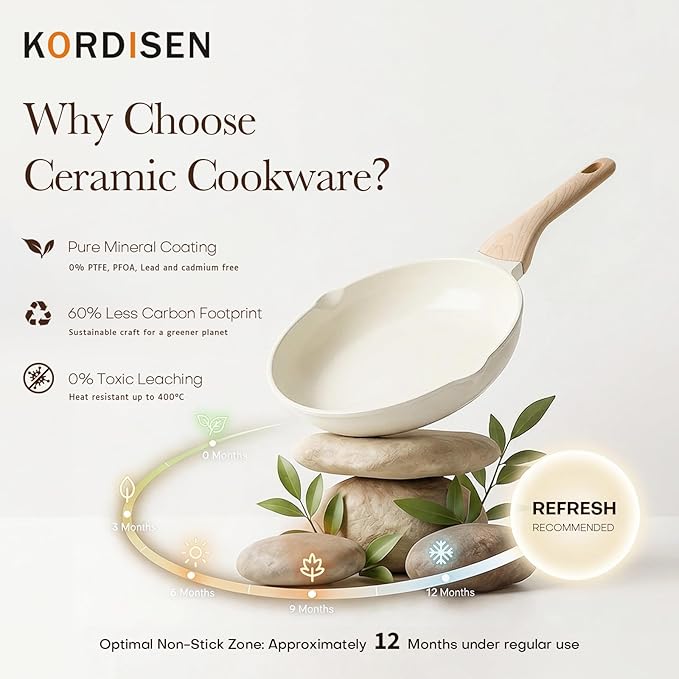 Kordisen Nonstick Ceramic Frying Pan, 12.5 Inch Ceramic Large Skillet, Healthy Non Toxic Cooking Pan, Stay-Cool Handle, Induction Compatible, PFOA & PFAS Free, White