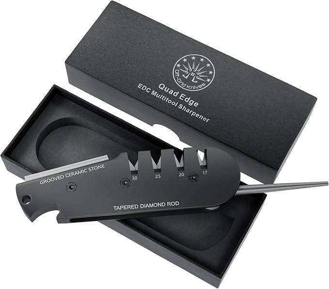 Off-Grid Knives - QuadEdge Knife Sharpener with 4 Angles: 17° | 20° | 25° | 30°, Diamond Rod, Fishing Hook Sharpener, Ceramic Honing Stone – Camping, Fishing, Hunting, Boating (Black)