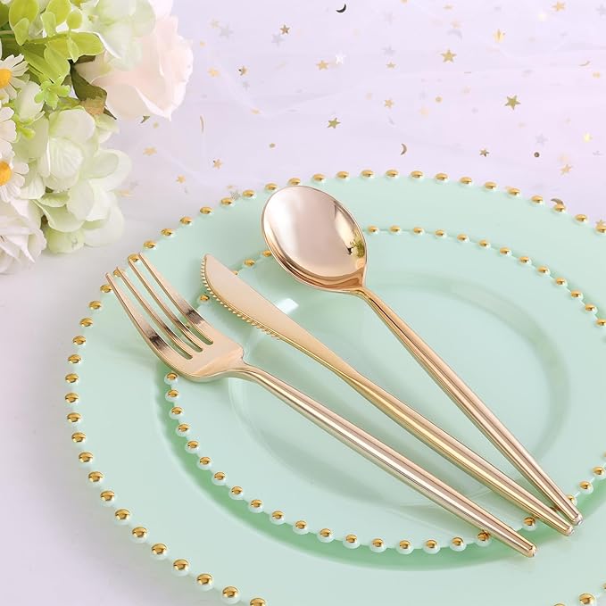EI 60pcs Green Plastic Plates with Gold Rim,Disposable Heavy Duty Sage Green and Gold 10" Dinner & 7" Dessert Plastic Plate for Birthday,Afternoon Tea,Wedding,Spring,Valentine's Day,Easter
