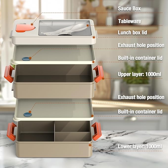 Adult Lunch Box – Bento Box & Lunch Containers for Adults, Stackable, Leakproof, Microwave Safe, Portable Lunchbox for Work, Travel, Meal Prep, Durable & Easy to Carry (Khaki)