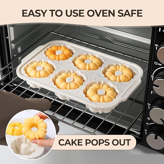 FUNBAKY Mini Fluted Tube Cake Pans for Baking with Metal Reinforced Frame, 2Pcs Silicone 6-Cavity Mini Flan Molds, Nonstick Baking Mold for Cupcake, Brownie, Donuts, Cornbread, Jello