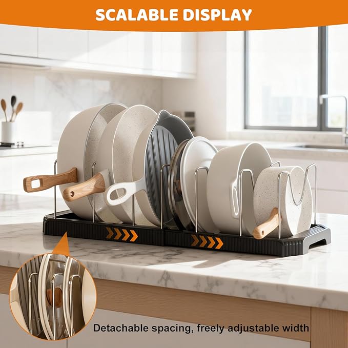 Pots and Pans Organizer Under Cabinet, 7-Slot Expandable Pot Rack Organizer with Cup Brush, Kitchen Pots and Pans Organizer for Cookware, Lids, Bakeware, Cutting Boards Tool-Free Installation (Black)