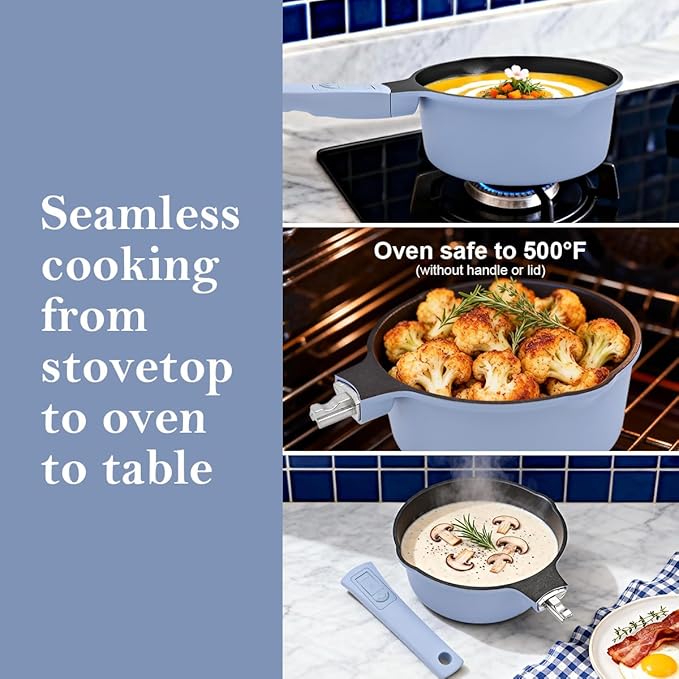 Small Sauce Pan with Lid, 1.5 Qt Saucepan with Lid, Non Stick Sauce Pan, Milk Pot & Sauce Pot & Saucepan with Pour Spout, Detachable Handle Milk Pan, Induction Compatible, Oven Safe,PFOA-Free
